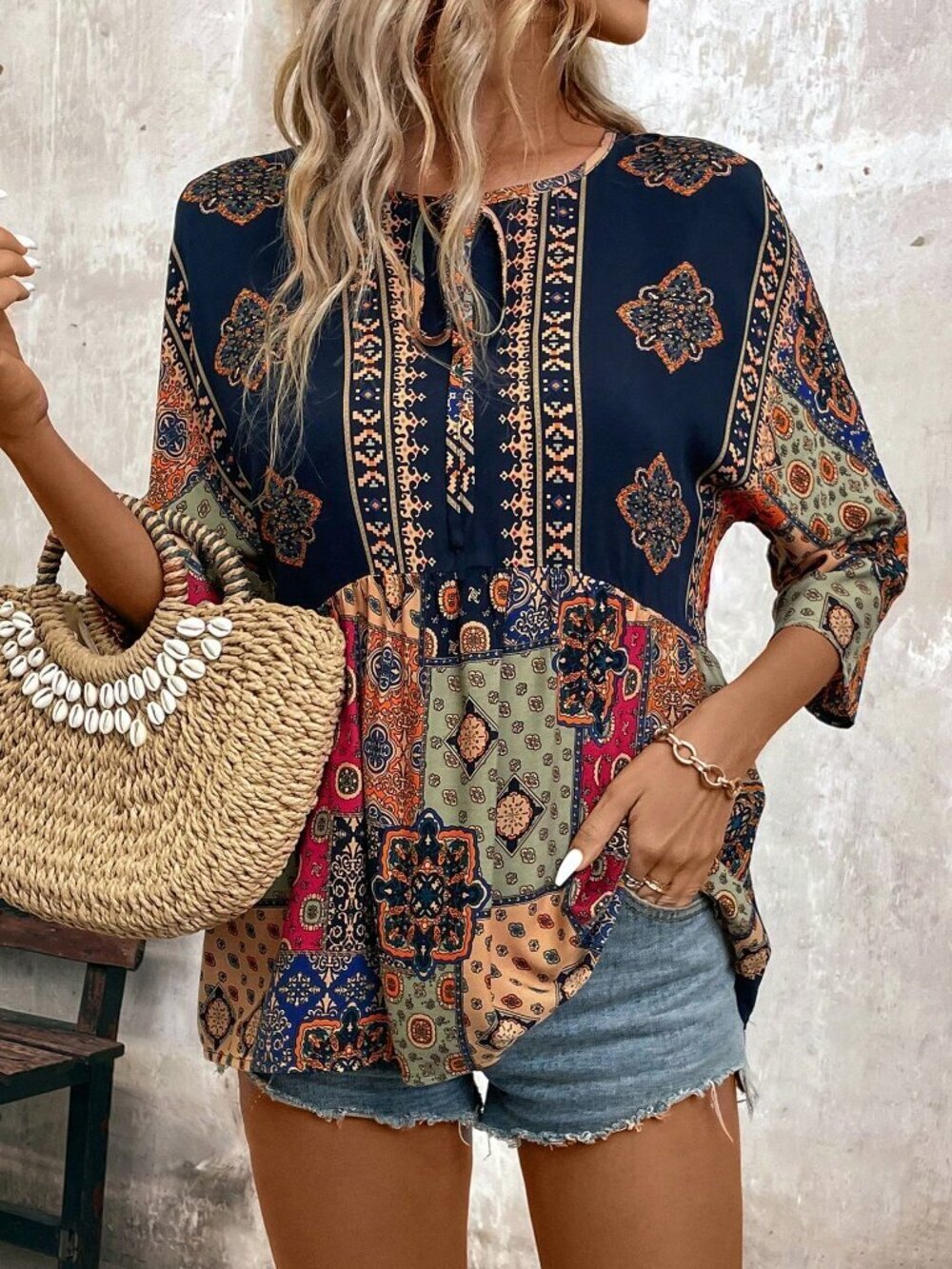 Women's Round Neck Print Vacation Style Shirt Peplum Top